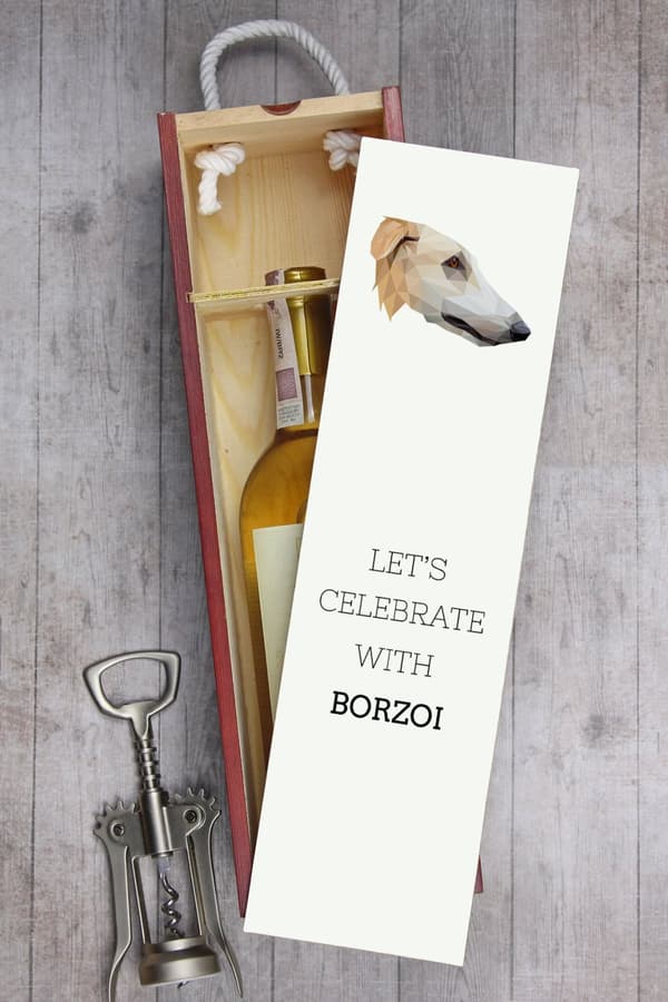 Ryska Borzoi, Borzoi, Barzoi - en geometrisk låda med ett foto och en inskription för Art-Dog-vin