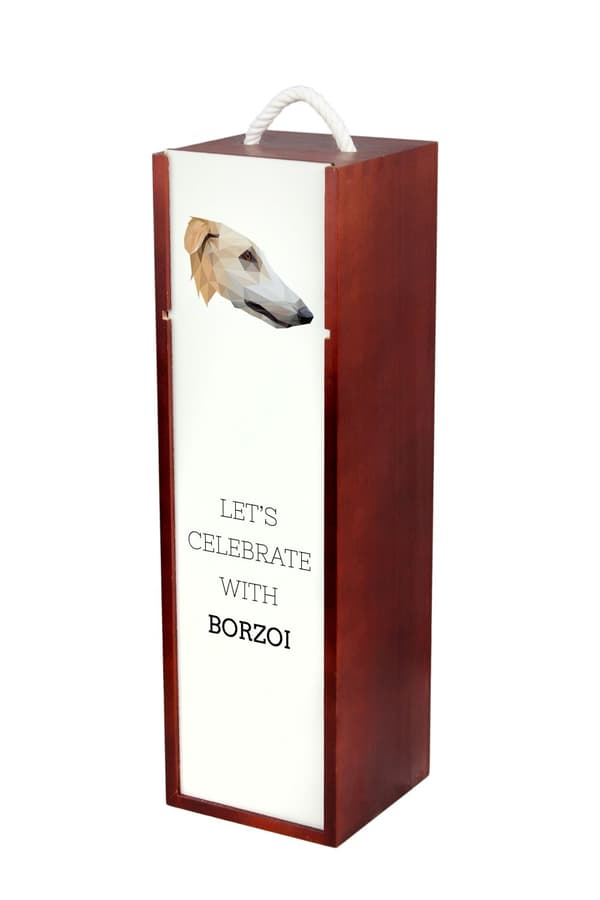 Ryska Borzoi, Borzoi, Barzoi - en geometrisk låda med ett foto och en inskription för Art-Dog-vin