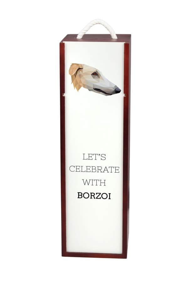 Ryska Borzoi, Borzoi, Barzoi - en geometrisk låda med ett foto och en inskription för Art-Dog-vin