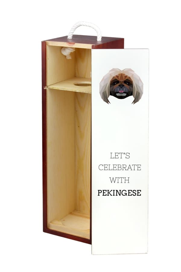Pekingese - en geometrisk låda med ett foto och en inskription för Art-Dog-vin