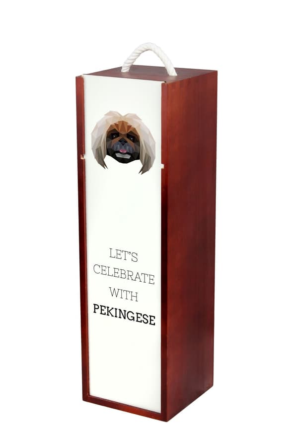 Pekingese - en geometrisk låda med ett foto och en inskription för Art-Dog-vin
