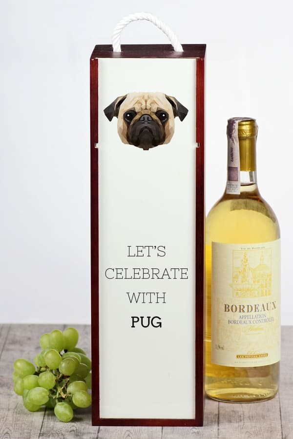 Pug, Pug, Carlin - en geometrisk låda med ett foto och en inskription för Art-Dog vin