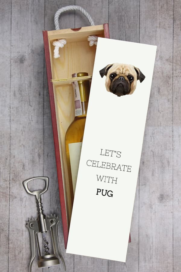 Pug, Pug, Carlin - en geometrisk låda med ett foto och en inskription för Art-Dog vin