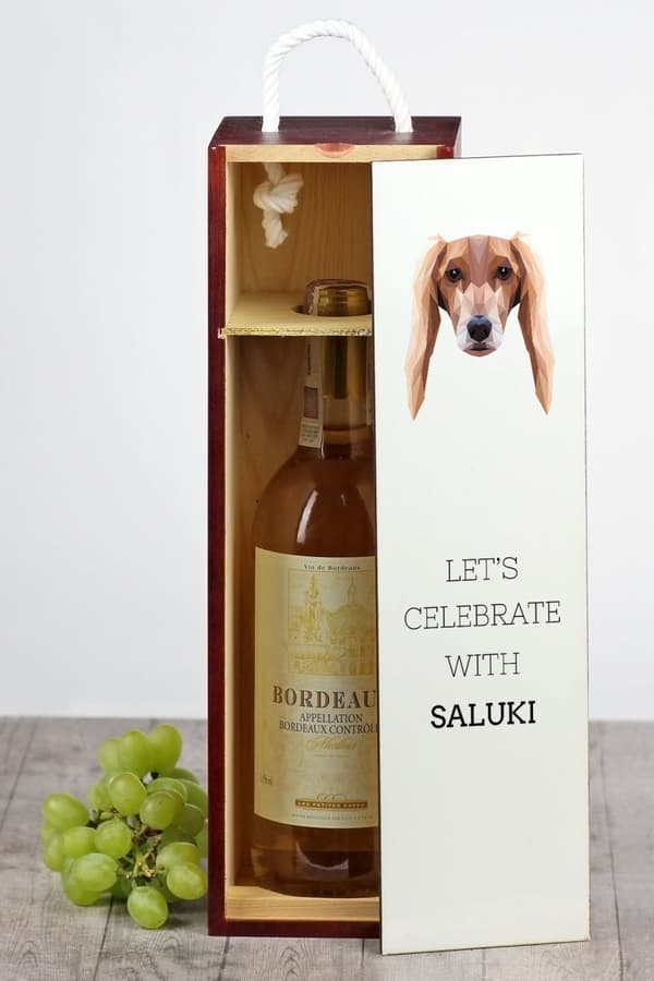 Persisk Greyhound, Saluki - en geometrisk æske med et foto og en inskription til Art-Dog vin