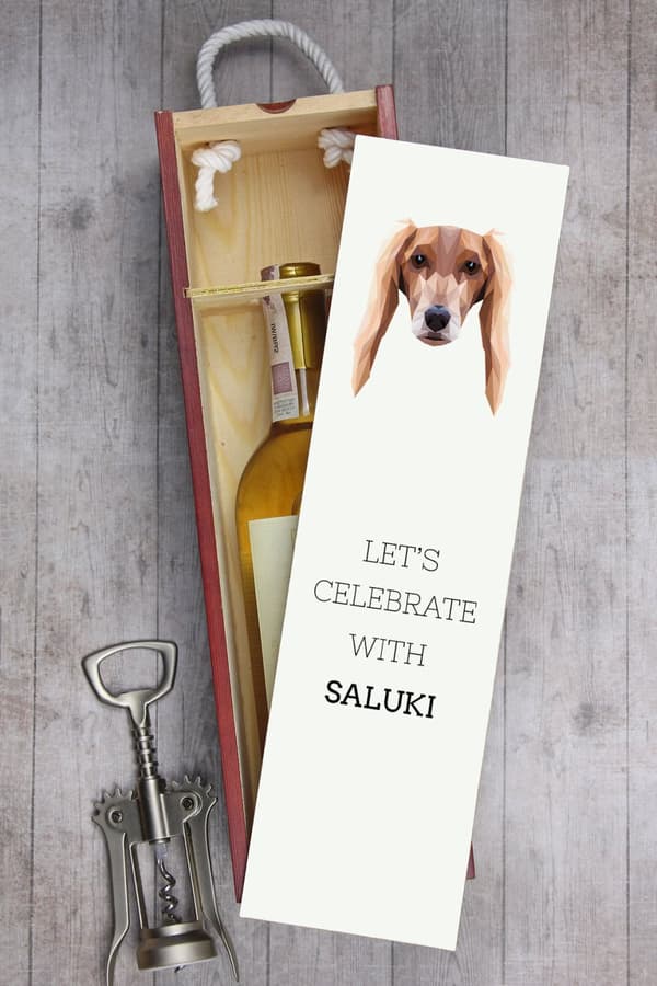 Persisk Greyhound, Saluki - en geometrisk æske med et foto og en inskription til Art-Dog vin