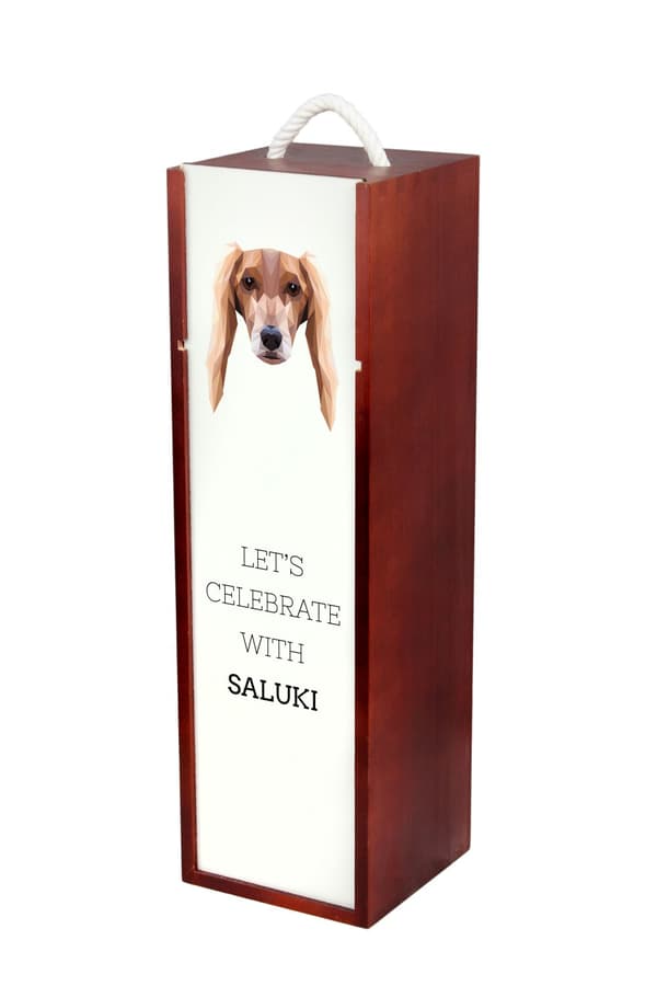Persisk Greyhound, Saluki - en geometrisk æske med et foto og en inskription til Art-Dog vin