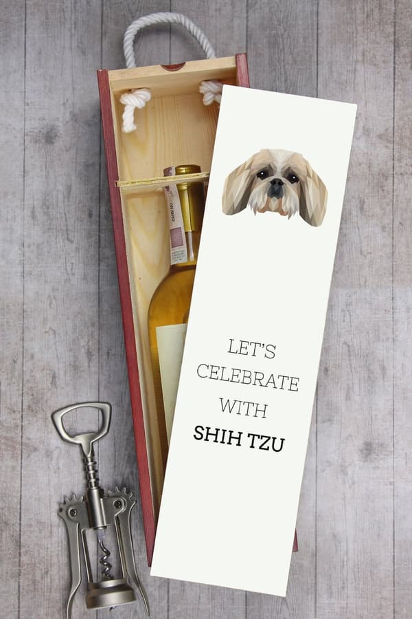 Shih Tzu, Shi tsu, Shi-Tzu, Szi-cu, Szitzu - en geometrisk låda med ett foto och en inskription för vin av Art-Dog