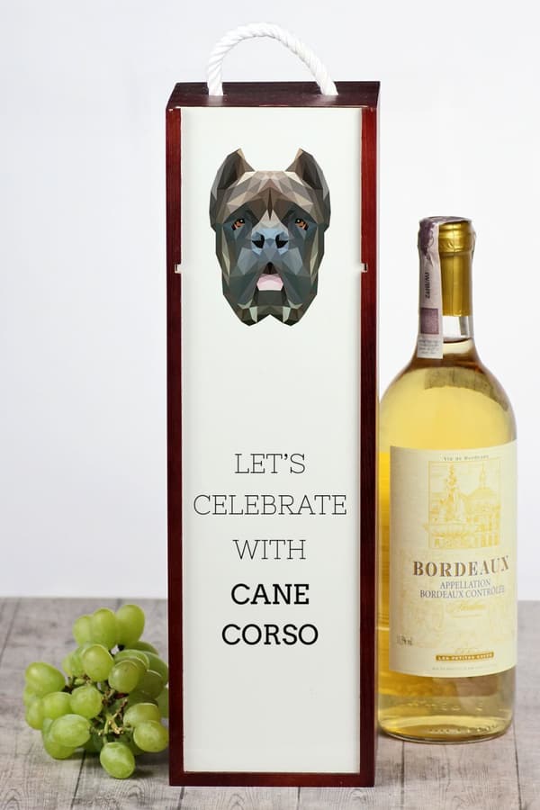 Cane Corso Italiano - geometrinen laatikko, jossa on valokuva ja kirjoitus Art-Dog -viinille