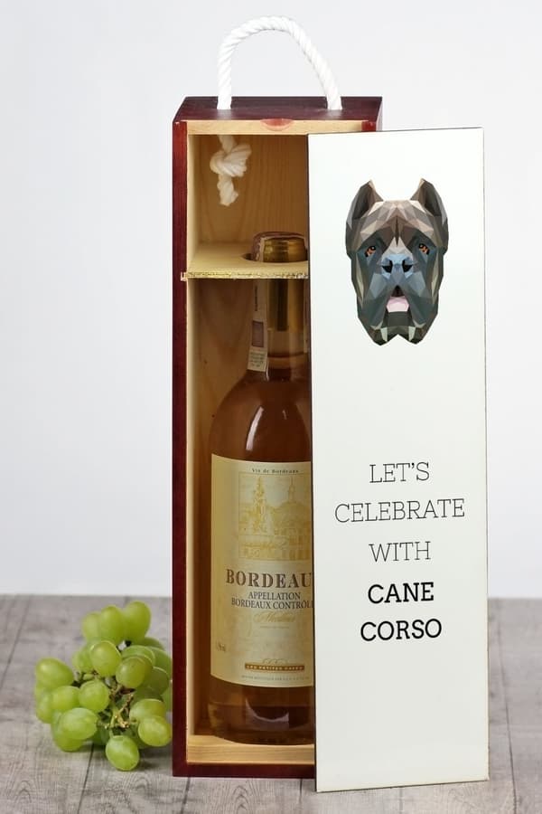 Cane Corso Italiano - geometrinen laatikko, jossa on valokuva ja kirjoitus Art-Dog -viinille