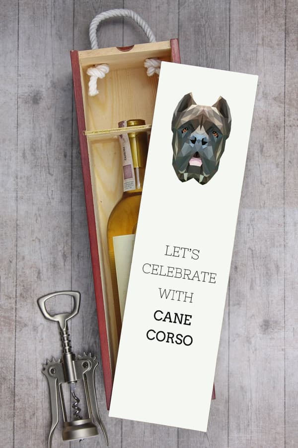 Cane Corso Italiano - geometrinen laatikko, jossa on valokuva ja kirjoitus Art-Dog -viinille