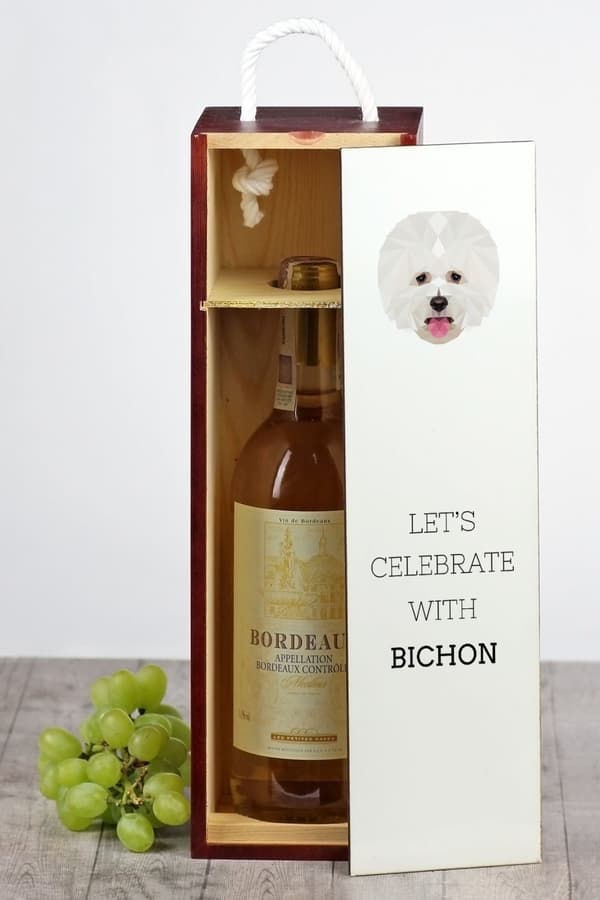 Bichon Frise, Teneriffan koira - geometrinen laatikko valokuvalla ja kirjoituksella viinille Art-Dog