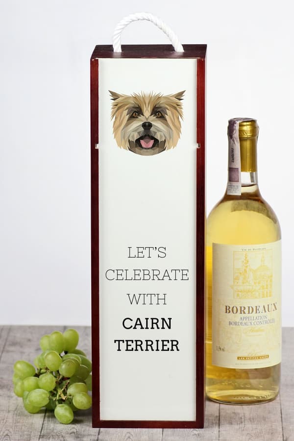 Cairn Terrier - en geometrisk kasse med et foto og en inskription til Art-Dog vin