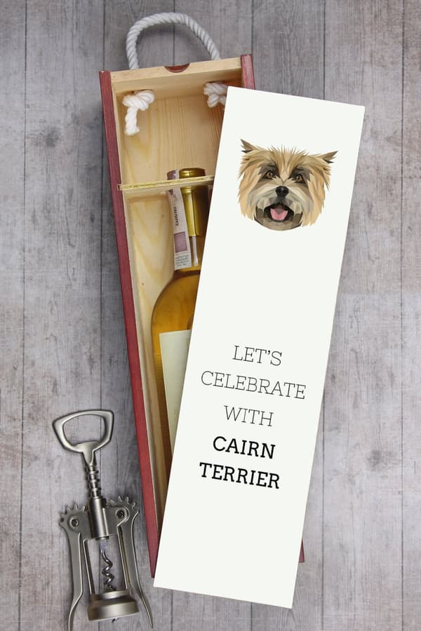 Cairn Terrier - en geometrisk kasse med et foto og en inskription til Art-Dog vin