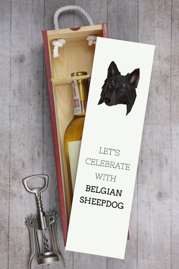 Belgisk herdehund, belgisk bergshund - geometrisk låda med foto och inskription för Art-Dog-vin