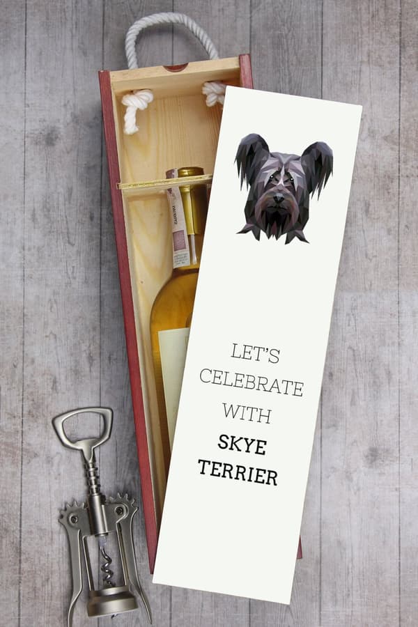 Skye Terrier - geometrinen laatikko, jossa on valokuva ja kirjoitus Art-Dog -viinille