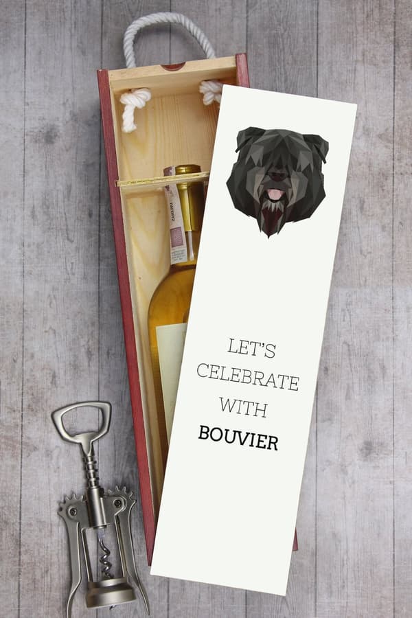 Bouvier des Flandres - en geometrisk æske med et foto og en inskription til Art-Dog vin
