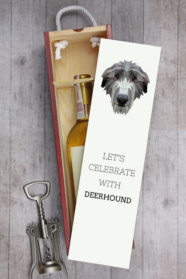 Skotlanninvinttikoira, Deerhound - geometrinen laatikko, jossa on valokuva ja kirjoitus Art-Dog -viinille