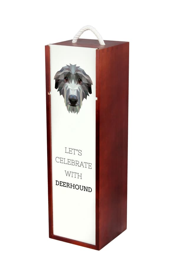 Skotlanninvinttikoira, Deerhound - geometrinen laatikko, jossa on valokuva ja kirjoitus Art-Dog -viinille