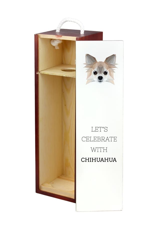 Langhåret Chihuahua - en geometrisk æske med et foto og en inskription til Art-Dog vin