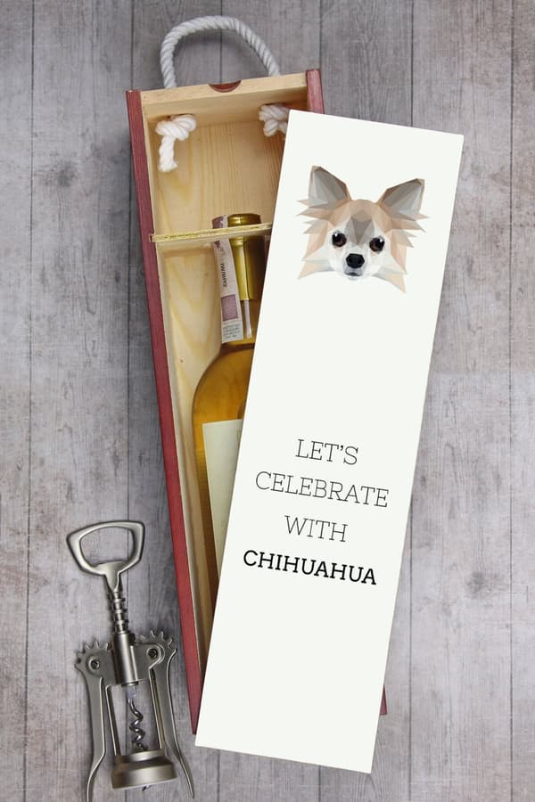 Langhåret Chihuahua - en geometrisk æske med et foto og en inskription til Art-Dog vin