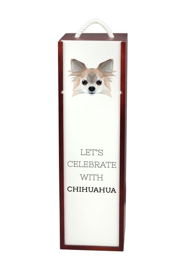 Langhåret Chihuahua - en geometrisk æske med et foto og en inskription til Art-Dog vin