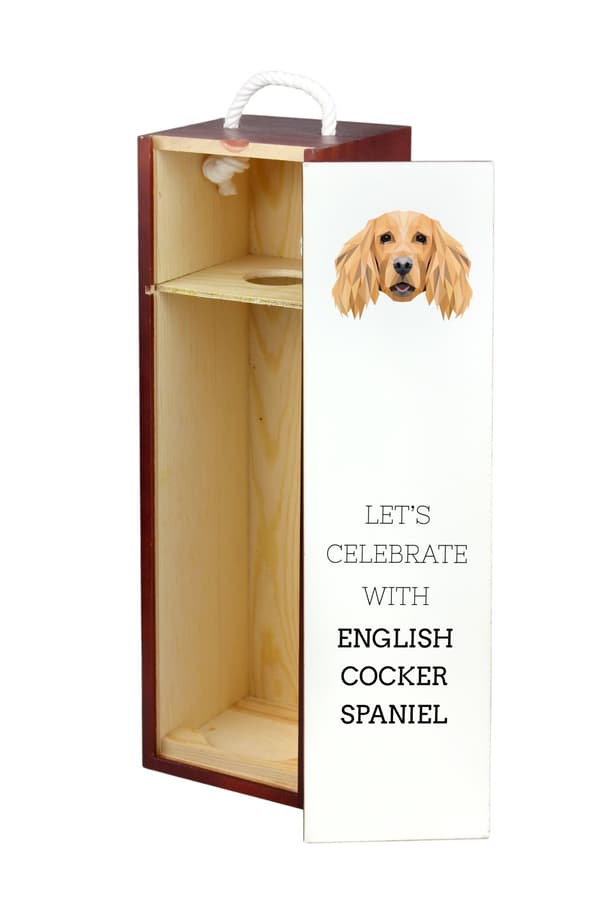 Engelsk Cocker Spaniel - en geometrisk kasse med et foto og en inskription til Art-Dog vin