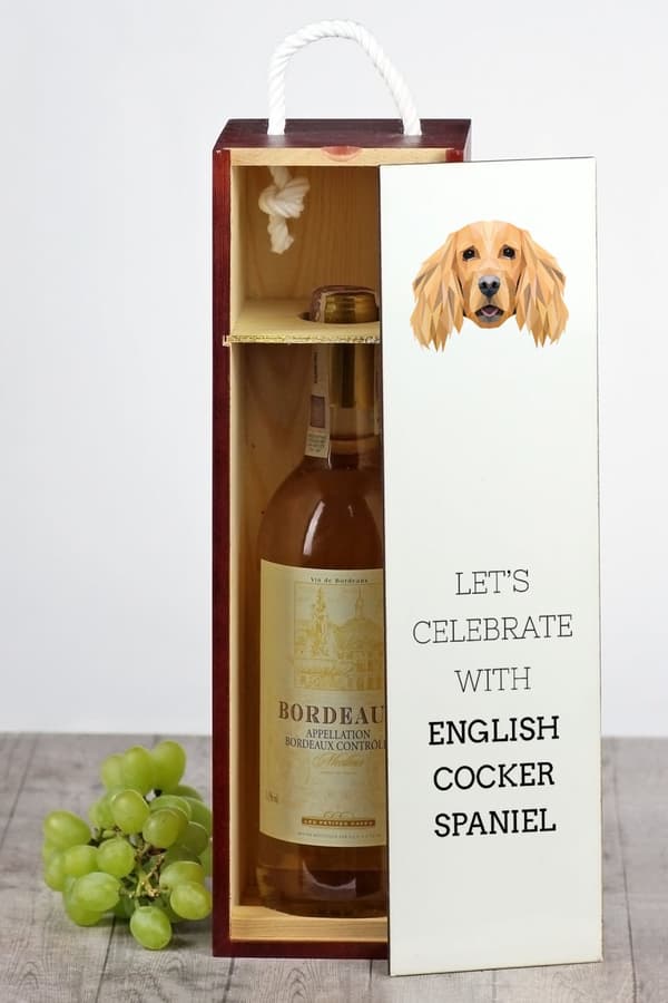 Engelsk Cocker Spaniel - en geometrisk kasse med et foto og en inskription til Art-Dog vin