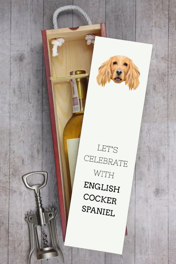 Engelsk Cocker Spaniel - en geometrisk kasse med et foto og en inskription til Art-Dog vin