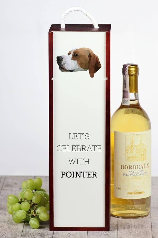Pointer - en geometrisk låda med ett foto och en inskription för Art-Dog-vin