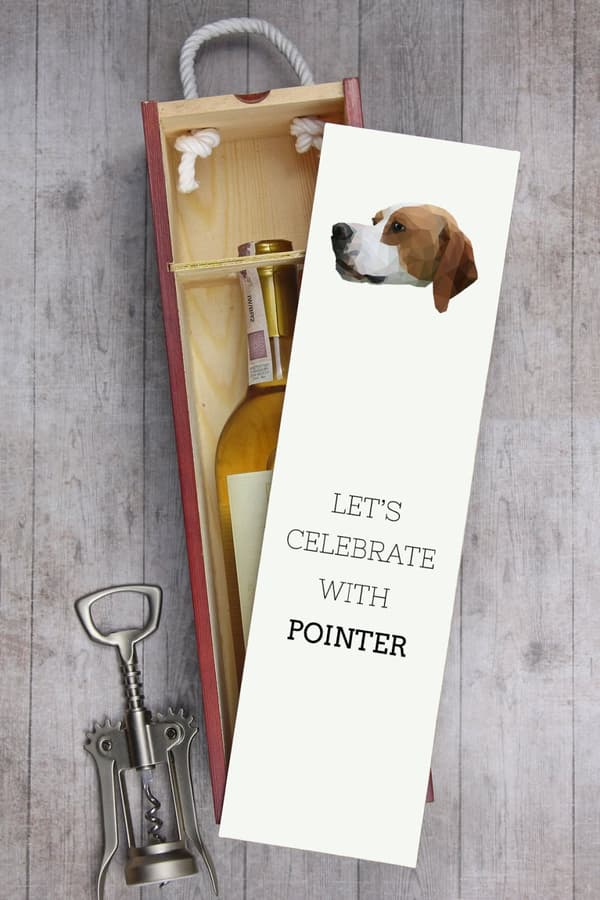 Pointer - en geometrisk låda med ett foto och en inskription för Art-Dog-vin