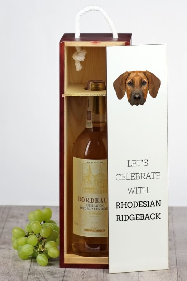 Rhodesian Ridgeback, afrikkalainen leijonakoira - geometrinen laatikko valokuvalla ja kirjoituksella viinille Art-Dog