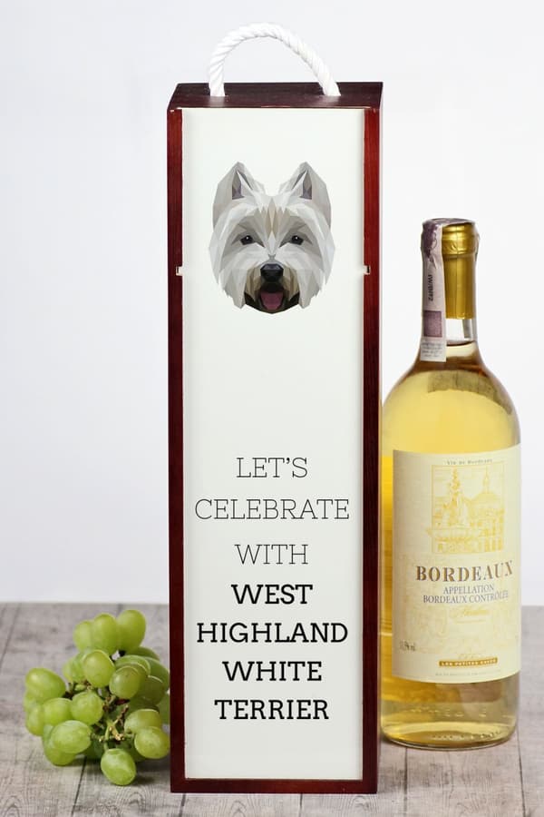 West Highland White Terrier, Westie - en geometrisk kasse med et foto og en inskription til Art-Dog vin
