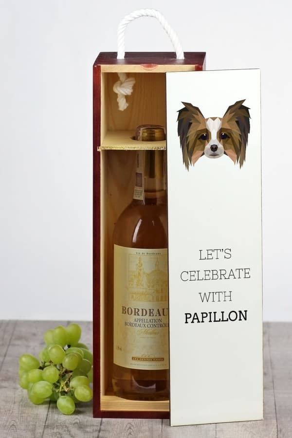 Papillon, Continental Spaniel - geometrisk æske med foto og inskription til vin af Art-Dog