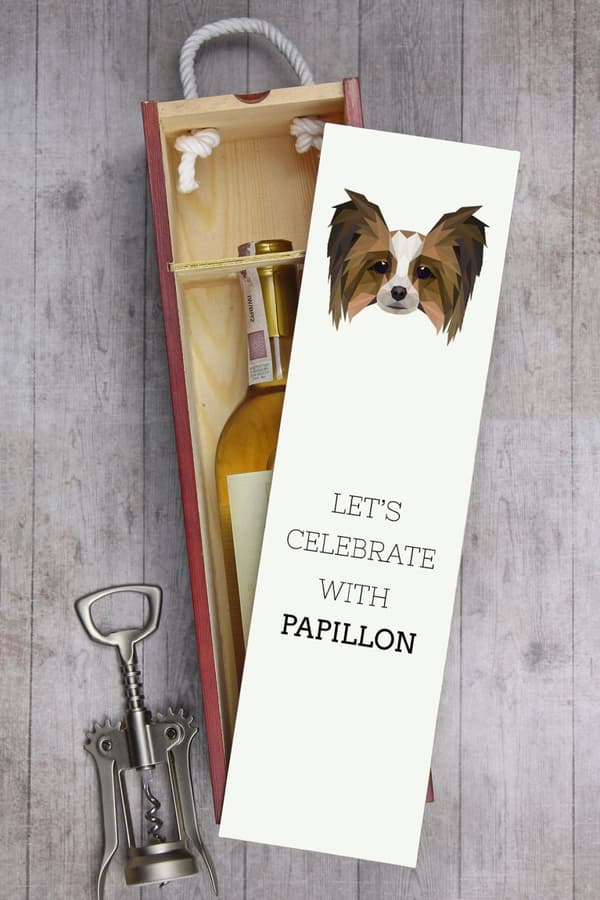 Papillon, Continental Spaniel - geometrisk æske med foto og inskription til vin af Art-Dog