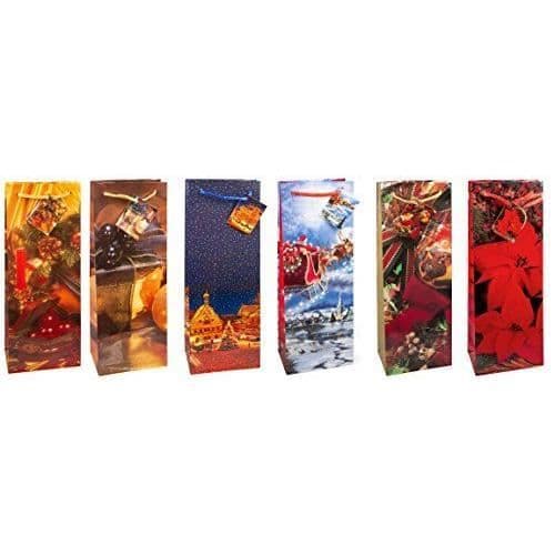 Presentpåse för vinflaskor - TSI - Julmönster 7 - Paket med 12 - Röd - 362 x 124 x 76 mm