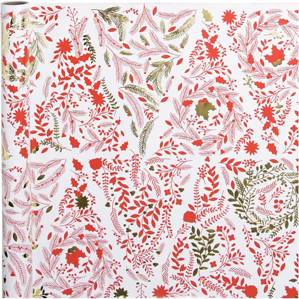 Presentpapper, guld, röd, vit, Julgranar, B: 50 cm, 80 g, 3 m/ 1 rl.