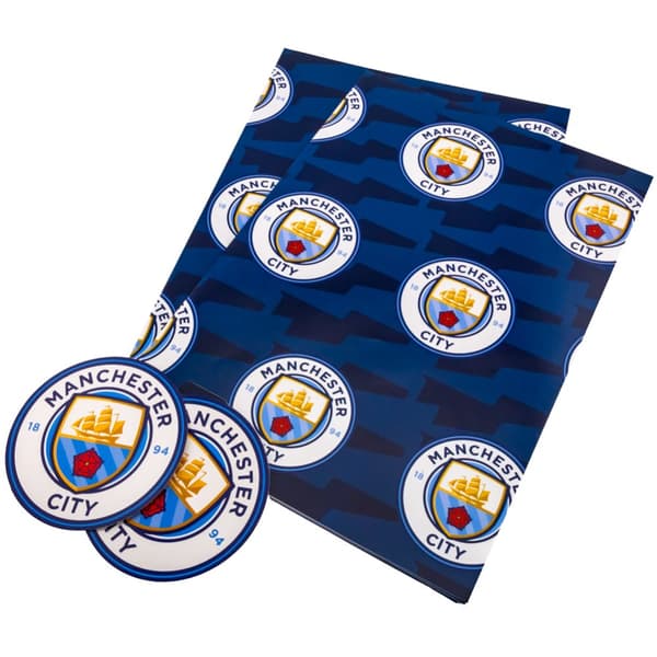 Manchester City FC Crest Gift Wrap Sheets (Pack of 2) Sky Blue/Gold/Red One Size