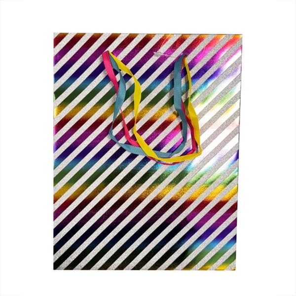 Färgglad randig glittrig presentpåse 18x10x23 cm