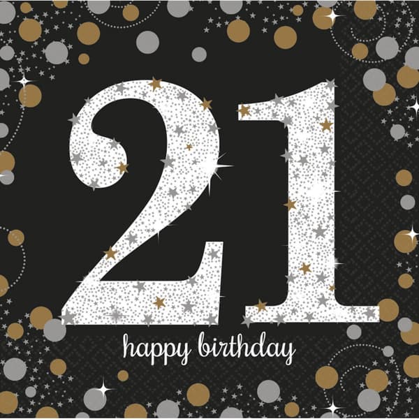 Guld Happy Birthday Servettset för 21-årsfest - 16 stycken, 33x33 cm