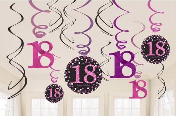 Glad födelsedag Pink 18-årsdekoration med band - 12-delars set