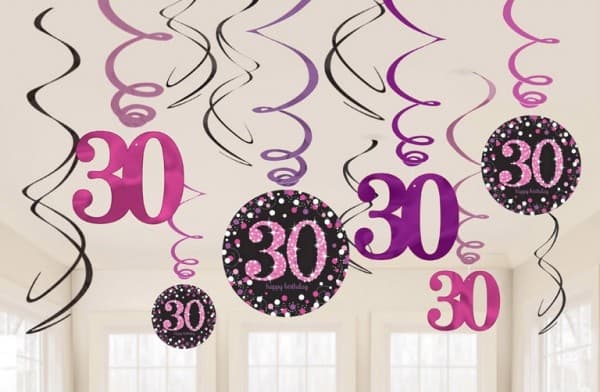 Glad Födelsedag Pink 30-års Födelsedagsdekorationer - 12 Delars Set