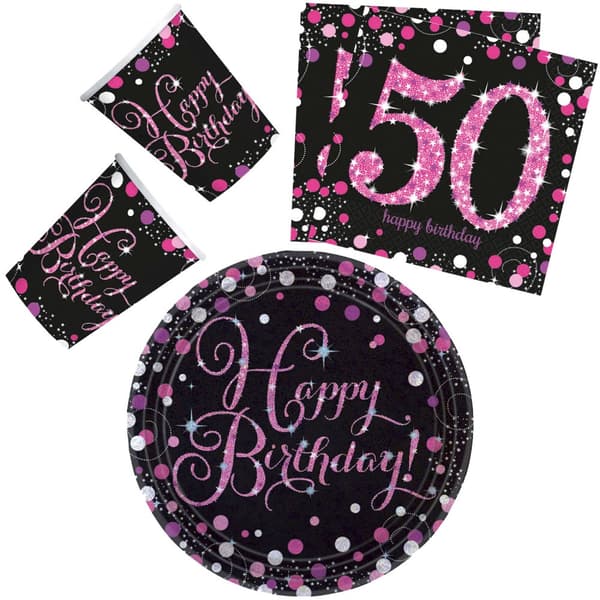 Glad födelsedag! Rosa 50-årsfestset med 32 delar och 23 cm tallrikar