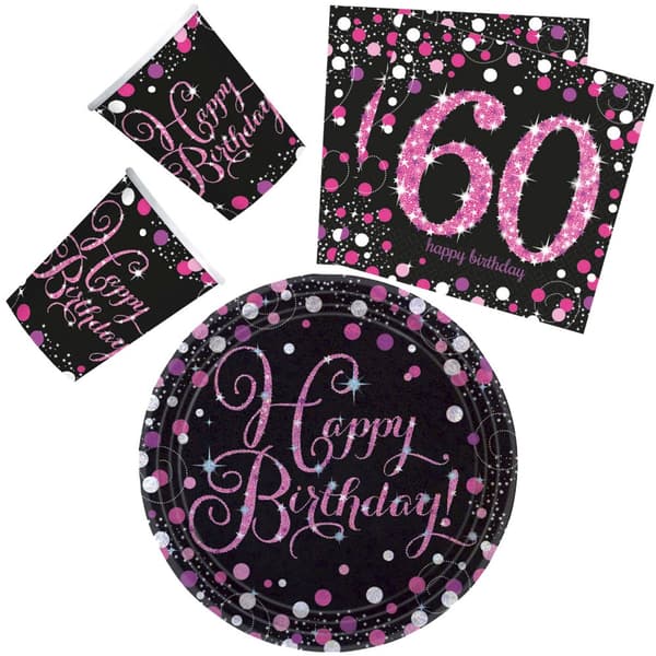 Glad Födelsetag Pink 60-års Kalas Set, 32 delar med 23 cm tallrikar