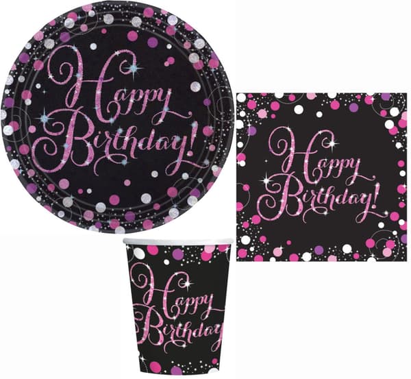 Glad födelsedag! Pink Party Set med 23 cm tallrik, 32 delar