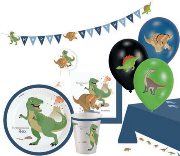 Dinosaurieparty-set med 45 delar och 23 cm tallrik