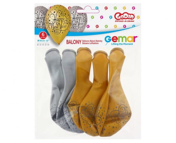Nyårsballoong Happy New Year i guld och silver, 6 st, 30 cm (12 tum)