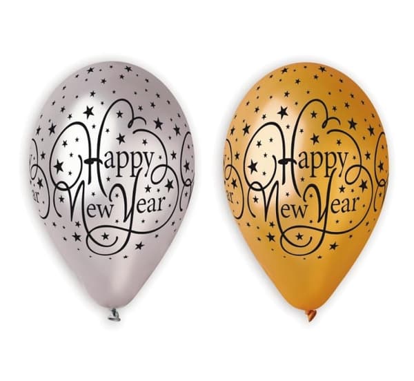 Nyårsballoong Happy New Year i guld och silver, 6 st, 30 cm (12 tum)