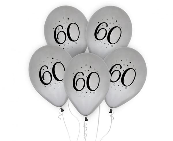 Silver 60-års Ballong, 5 st, 30 cm (12 tum) - Grattis på födelsedagen