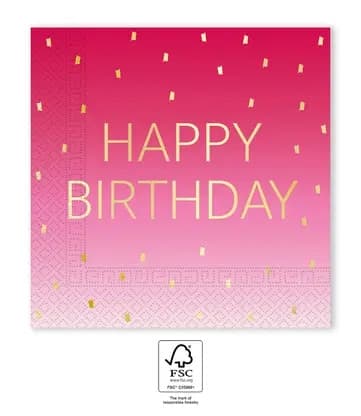 Happy Birthday Golden Pink Servetter 20 st 33x33 cm FSC