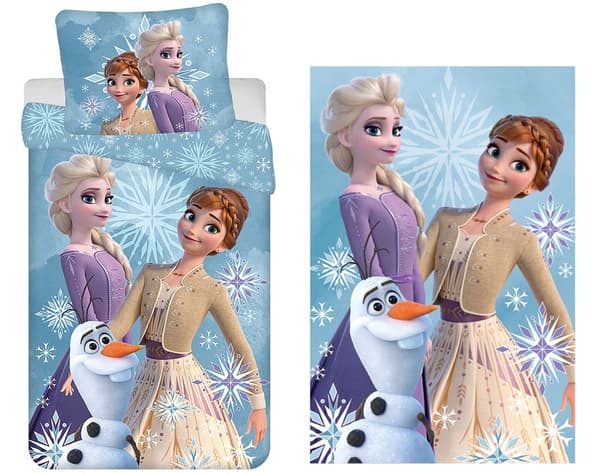 Barnens sängklädeset med Disney Frost ängelsvita snöflingor och fleecefilt